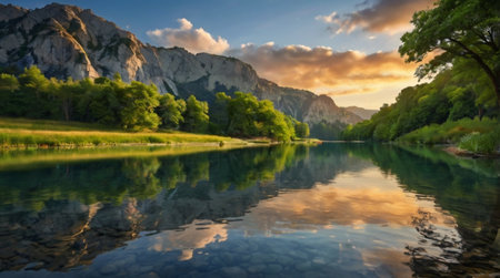 A peaceful riverbank with golden reeds and soft reflections.