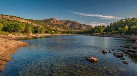 A peaceful river delta filled with colorful birds.の写真素材