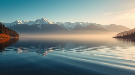 A peaceful lakeside cabin reflecting on still water.の写真素材