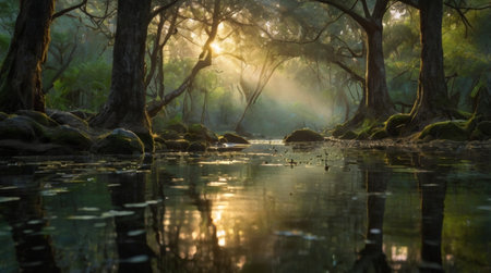 A calm river bending through golden autumn foliage.の写真素材