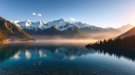 A serene mountain lake under a soft pink sunrise.の写真素材