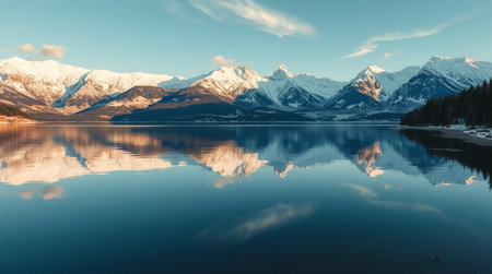 Soft sunlight touching the tops of snowy hills.の写真素材