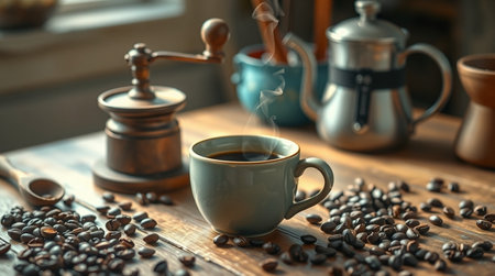 Fog drifting across a tranquil pine forest lake.の写真素材