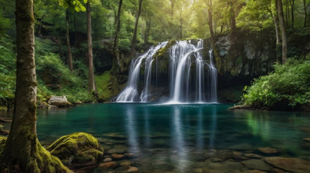 A shimmering river cutting through a bright green valley.