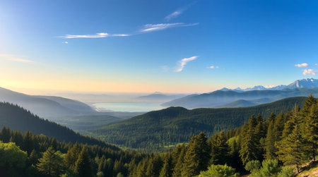 A peaceful countryside farm surrounded by green hills.の写真素材