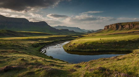 A serene river meandering through a lush, green valley under a cloudy sky.
