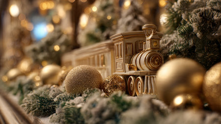 A charming family room decorated for Christmas with a golden-lit tree, beige walls, and evergreen garland above the mantle.の写真素材