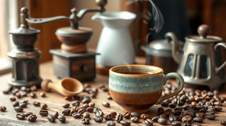 A breezy hilltop overlooking distant blue mountains.の写真素材