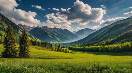 A lush, green valley with rolling hills and a clear blue sky.