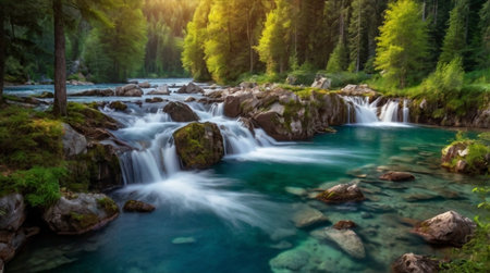 Beautiful mountain river with turquoise water in the green forestの写真素材