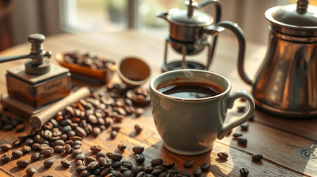 A quiet river valley wrapped in early morning mist.の写真素材