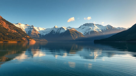A serene lake surrounded by majestic mountains under a clear blue sky.
