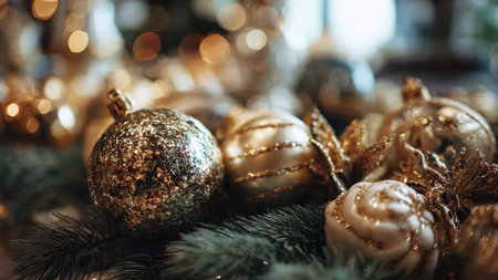 A holiday-lit room with evergreen garland, childrenの写真素材