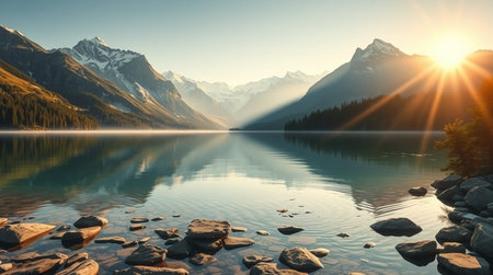 Snow-capped mountains reflecting perfectly on a mirror-still lake.の写真素材