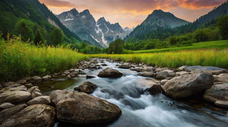 Peaceful morning light warming the tops of tall pines.の写真素材