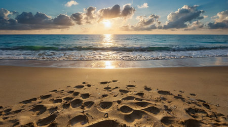 A calm, shallow sea with waves reaching the sandy beach at sunset.の写真素材