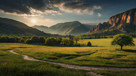 A peaceful valley filled with blooming wildflowers.の写真素材