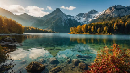 A calm lake surrounded by mountain wildflowers.の写真素材