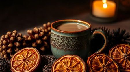 A peaceful family room featuring beige walls, a vertical frame mockup, classic shelves, pastel blankets, and warm Christmas decor.の写真素材