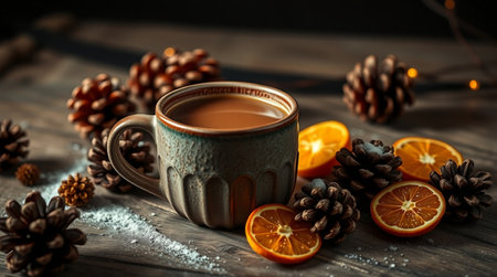 Fog drifting across a tranquil pine forest lake.の写真素材