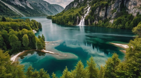 A lake with a waterfall and lush forest surroundings.