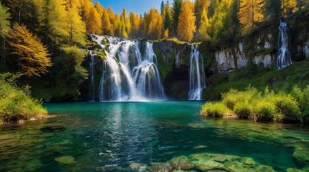 The scene begins with lush jungle floor greenery, rises through a tall waterfall rendered in...