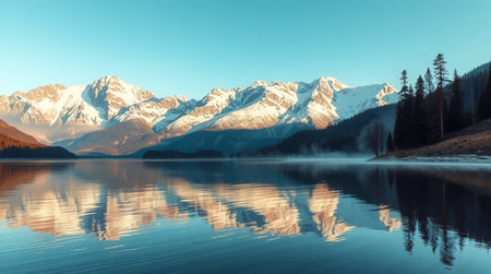 A calm mountain lake surrounded by trees.の写真素材