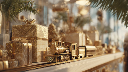 A peaceful family lounge with beige walls, tall bookshelves, plush toys, a glowing Christmas tree, and film-style lighting making everything warm.の写真素材