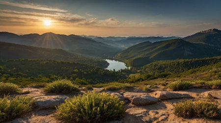 A winding mountain road overlooking deep blue lakes.の写真素材