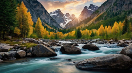 A tranquil river with reflections of autumn trees and distant peaks.の写真素材