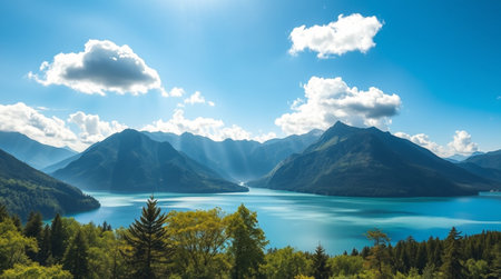 A vertical jungle landscape painted with splattered strokes shows mist climbing toward a sunlit leafy ceiling.の写真素材
