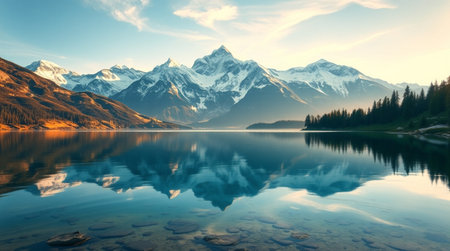 A pristine lake reflecting fluffy white clouds.