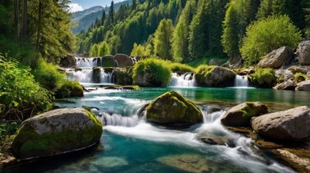 A quiet snowy path glowing under soft winter light.の写真素材