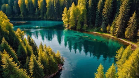 Panoramic view of turquoise lake surrounded by coniferous forestの写真素材
