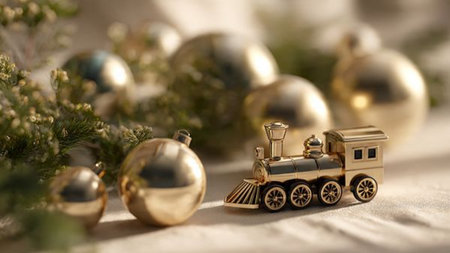 Golden toy train with christmas ornaments on a white background