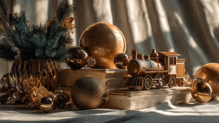 A serene pasture with grazing deer under warm morning light.の写真素材