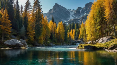 panoramic view of alpine lake in autumn.の写真素材