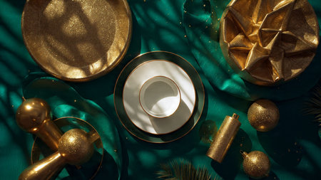 golden tableware on a green background with palm leaves and golden ballsの写真素材