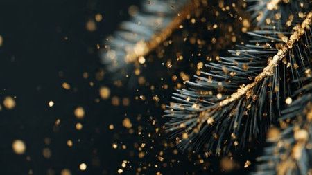 Christmas tree branch with golden glitter bokeh lights on dark backgroundの写真素材