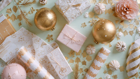 A comfortable Christmas scene with beige walls, tall bookshelves, pastel toys, and a softly glowing...