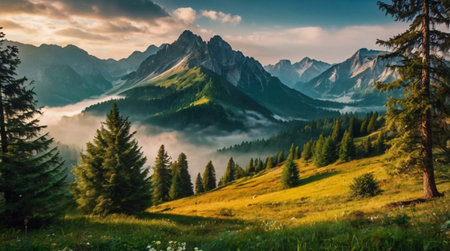 A peaceful landscape filled with blooming trees.の写真素材