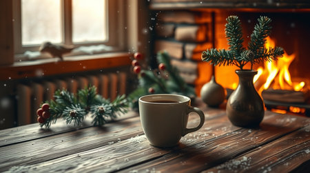 Cup of coffee on a wooden table with christmas decorations.の写真素材