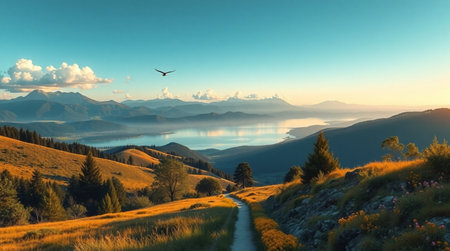 A pristine lake reflecting fluffy white clouds.の写真素材