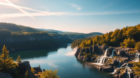 Beautiful view of the mountain lake with a waterfall in the foregroundの写真素材