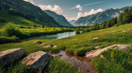 A serene mountain landscape with a tranquil river flowing through lush greenery.の写真素材