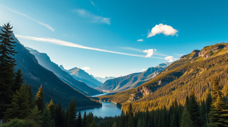 Panoramic view of Lake Louise in Banff National Park, Alberta, Canadaの写真素材