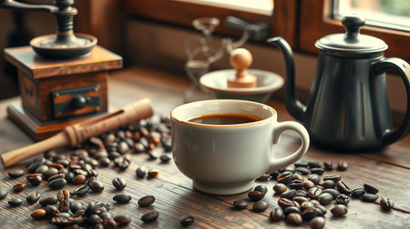 Cup of coffee and coffee beans on wooden table, closeupの写真素材