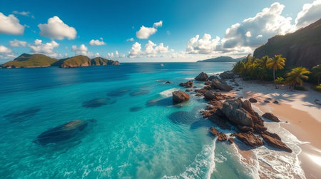 Panoramic aerial view of beautiful tropical beach with turquoise water, granite rocks and palm trees...