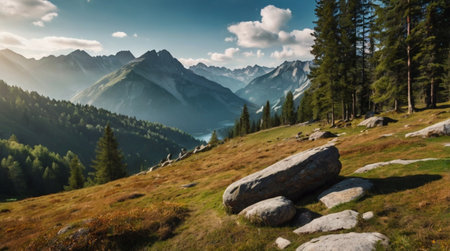 A misty valley with scattered trees and soft morning light.の写真素材