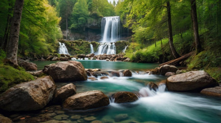Panoramic view of a beautiful waterfall in the forest. Long exposure.の写真素材
